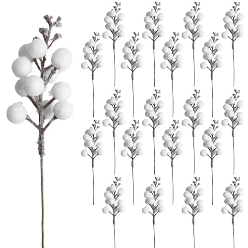 DIYASY White Glitter Berry Stems,20Pcs Artificial...