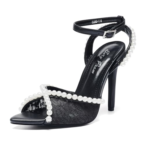Women's Open Toe Stiletto Heel Sandals Pearl & Lace Ankle Straps 4.3IN Heels Weddings Parties Nightclub Shoes
