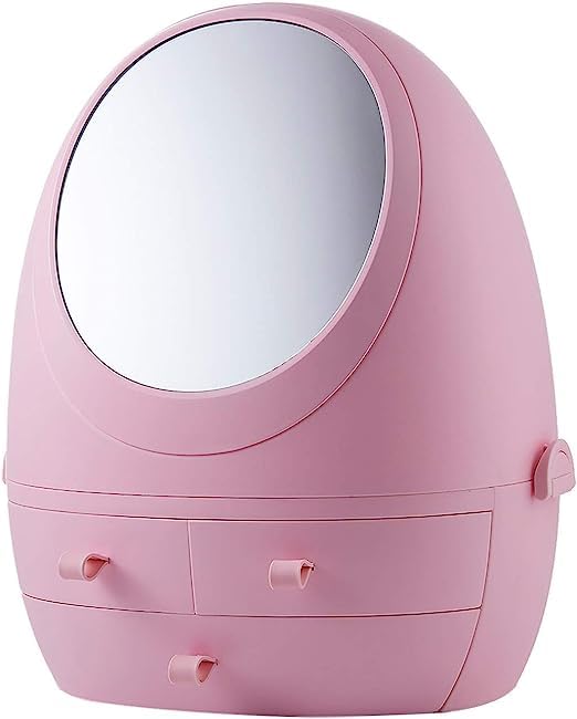 Jecrina Makeup Box Cosmetic Storage Box with Mirror Led Light, Desktop Makeup Jewelry Beauty Case Makeup Train Case Dust-Proof Drawer Makeup Organizer Jewelry Organizer for Women (Pink)