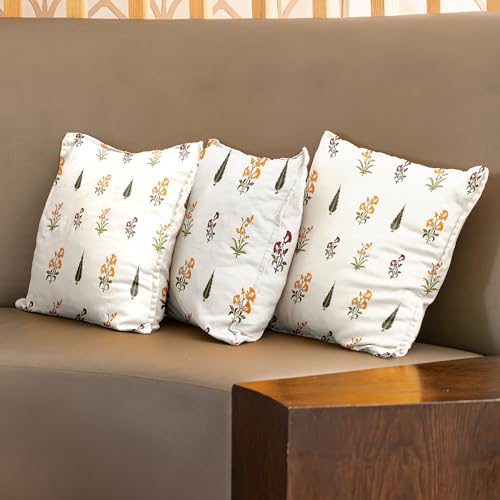 Image of Urban Space Decorative Cotton 250 TC Cushion Cover Set Of 3, 16 Inch X 16 Inch Cushion Covers For Sofa, Bedroom, Living Room (Cushion Cover 40Cm X 40Cm, Set Of 3, High Garden Yellow)