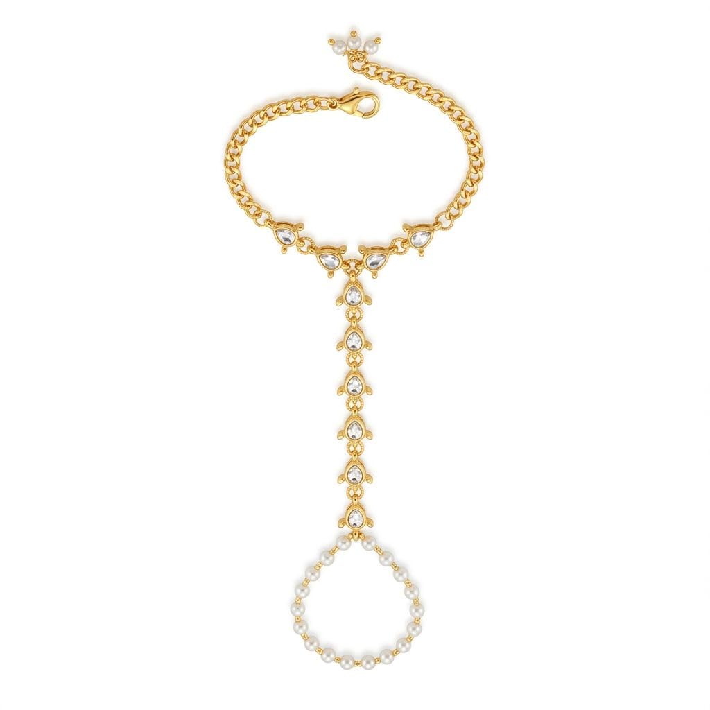 Gold Plated Kundan Hathphool Bracelet for Women & Girls | Pearl Hand Chain Ring Bracelet | Adjustable Traditional Hand Jewelry for Wedding-image-37