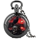 YIHAOYH Vintage Pocket Watch for Women Men Graphic Design Quartz Pocket Watches with Chain Pendant Christmas Birthday Gift with Box (Skull Crow 02)