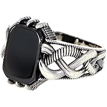 Mens Silver-Plated Stainless Steel Ring with Black Rectangular Onyx Stone Vintage Braided Design, Durable & Tarnish Resistant Fashion Ring for Men