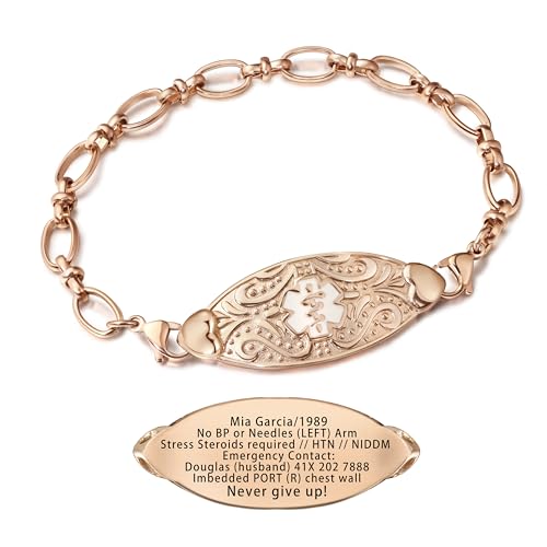 BURISSKY Customized Medical Alert Bracelets for Women with Engraving,Personalized Womens Medic ID Bracelet Life Alert Emergency Identification Jewelry (Rose Gold, 7.0 Inches)