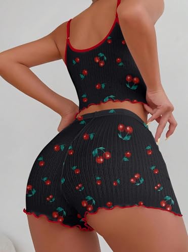 Image of Hilinker Womens Graphic Print Ribbed PJ Set Crop Cami Tops and Shorts Cute Pajamas Set