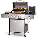 Sophia & William 4-Burner Gas BBQ Grill with Side Burner and Porcelain-Enameled Cast Iron Grates 42,000BTU Outdoor Cooking Stainless Steel Propane Grills Cabinet Style Garden Barbecue Grill, Silver