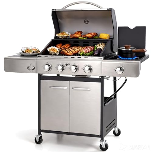 Sophia & William 4-Burner Propane Gas BBQ Grill with Side Burner and Porcelain-Enameled Cast Iron Grates, Stainless Steel Barbecue Grills Outdoor Cooking, Silver Cabinet Style, 42,000BTU