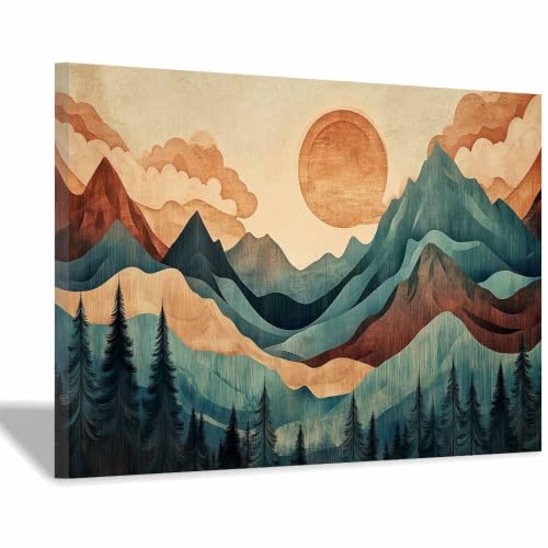 Affiche sur toile coucher de soleil en montagne beige 50x70cm encadrée pour chambre et salon