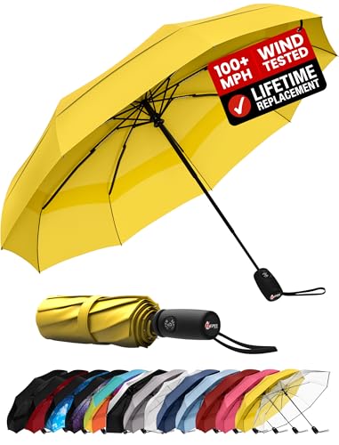 Image of Windproof Travel Umbrella - Compact & Withstands Winds up to 85MPH, Strongest Premium Auto Folding Umbrella for Rain and Sun - Durable, Light & Portable for Women & Men, Fits Backpack & Cars