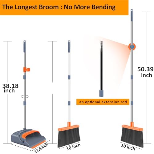 kelamayi Upgrade Broom and Dustpan Set, Self-Cleaning with Dustpan Teeth, Indoor&Outdoor Sweeping, Ideal for Dog Cat Pets Home Use, Stand Up Broom and Dustpan (Gray&Orange) - 1
