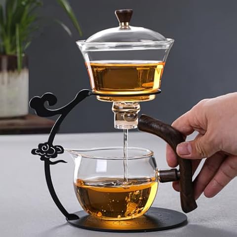 Lazy Kungfu Drip TeaPot, Heat Resistant Tea Set, Semi-Automatic Glass Teapot Suit for Magnetic Water Flow Wooden Glass Teapot Set (Metal handle+glass body) Cover