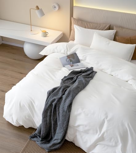 JIYUAN 100% Washed Cotton Duvet Cover Set 3 Pieces Oversized King, 1 Duvet Cover 120x98 Inches(Comforter Not Included) and 2 Pillowcases,Linen Feel Bedding Set Comfy and Breathable,Bright White