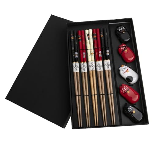lachineuse Coffret Baguettes Japonaises et Supports - 5 Paires Colorées Maneki Neko - Tradition du Japon - Chopsticks - Sushi, Ramen, Nouilles & Riz - Cadeau Cuisine Asiatique Chinoise