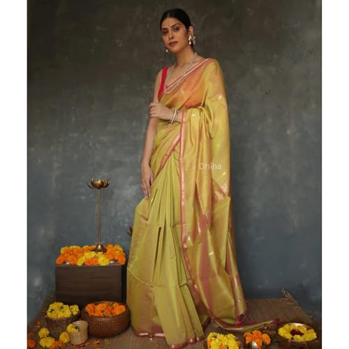 Image of Original Maheswari Cotton Silk Saree for Women | Kanjivaram Pure Silk Cotton Sari with Blouse | Zari Work | Tassels | Handloom Weave