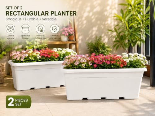 Image of Bonkaso 20 Inch Rectangular Planter, Set of 2 | UV Resistant Plastic Flower Pot for Balcony Railing, Window Sill & Terrace Garden | Rectangular Indoor & Outdoor Plant Pot,White