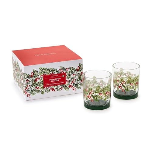 Two's Company Merry Berry Double Old Fashioned Glasses in Gift Box - Festive Holiday Drinkware Gift Set, Dishwasher Safe Decorative Glassware for Christmas Cocktails - Set of 4