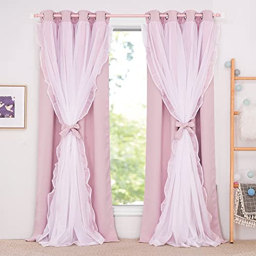 PONY DANCE Light Pink Curtains for Girls Bedroom Decorative Double Layer Curtains with Ruffle Sheer Overlay for Kids Pretty Chic Princess Dreamy Ambiance Room Darkening Drapes 52x63 inch 2 PCs
