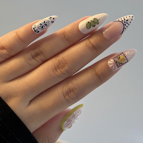 Glamoreal Faux ongles French Tip à coller, ongles artificiels en forme d’amande avec motifs 3D poisson rouge et citron, style floral estival, ongles adhésifs brillants pour le printemps et l’été, 24 – vue 4