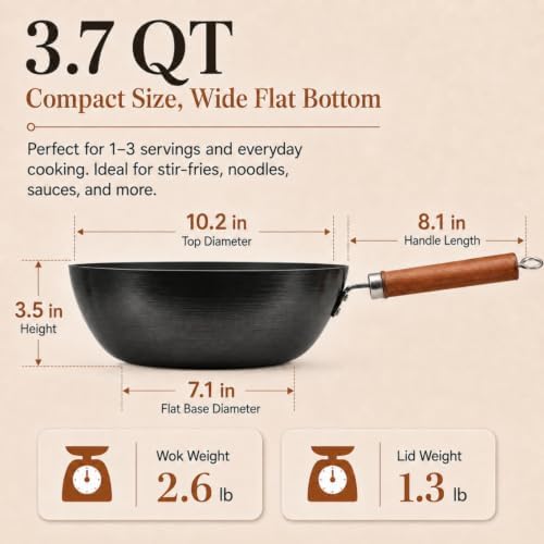 VIVIDCOOKWARE 10.2-Inch Carbon Steel Wok Frying Pan with Lid, Flat Bottom | 3.7-Qt deep wok for 1-3 servings with tempered glass lid, flat bottom, induction ready, coating-free, seasoning required. thumbnail 7