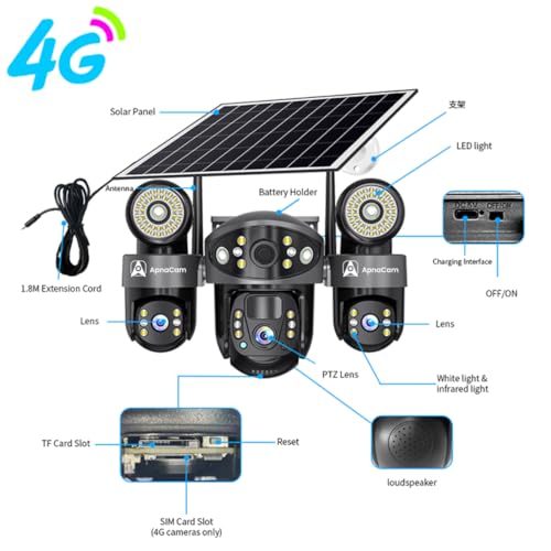 Image of ApnaCam 12MP 6K 4G Solar CCTV Camera with SIM Card, 3 Lens PTZ Outdoor Security Camera, Triple Screen View, AI Motion Detection, 360 Rotation, Color Night Vision, 2-Way Talk, IP66 Waterproof