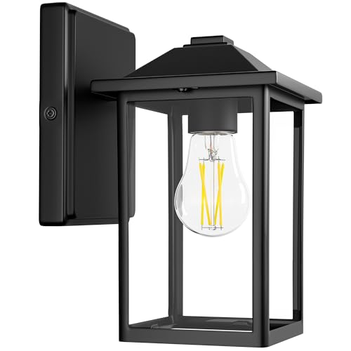 Image of MATAMEYE Outdoor Wall Light Fixture, Exterior Waterproof Porch Lighting | Large Black Patio Wall Lantern, Anti-Rust, Clear Glass, E26 Socket, Wall Mount Sconce Lighting, Outside Front Door Light