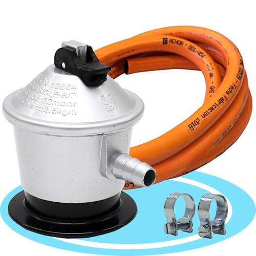 FlashPrix Regulador Gas Butano, GLP y propano, 30 mbar, Color Plata + Manguera de Gas Butano de 1,5 MTS + 2 Abrazaderas