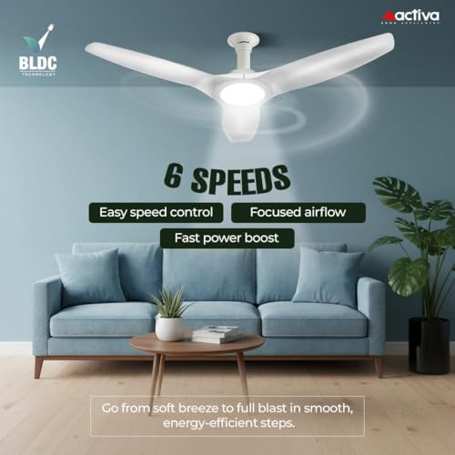 Image of ACTIVA Silentair 1200mm BLDC Ceiling Fan with LED Light & Remote | 28W BEE 5 Star Fan | Reversible Mode | High Speed Airflow | Silent Operation | Premium Decorative Ceiling Fan | (White)