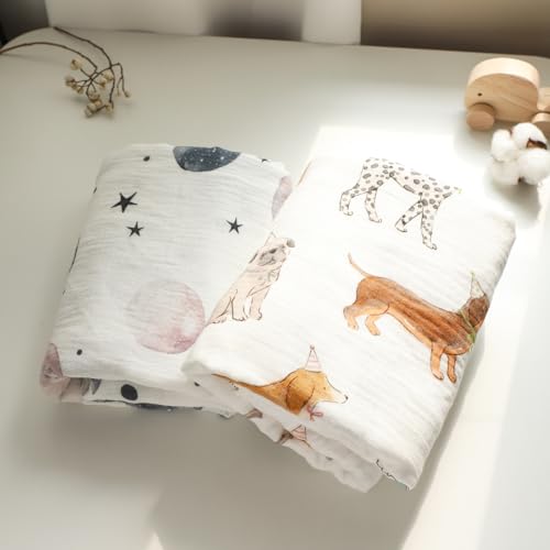 Image of insular Muslin Swaddle Blankets for Boys Girls, 2 Pack Receiving Baby Blanket Large 47 x 47 inches, Soft Breathable Swaddling Wrap for Unisex Newborn, Party Dogs&Space