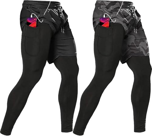 ATTBEA Mens 2 in 1 Athletic Running Pants Quick Dry Gym Workout Shorts for Men Compression Pants with Pockets Black/Camouflage