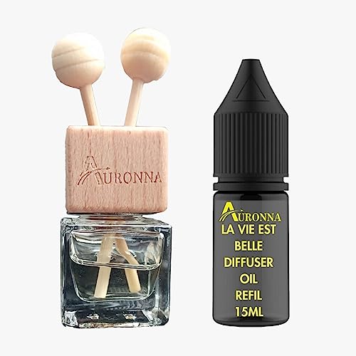 Auronna La Vie Est Belle Car Air Fresheners For Men & Women – Long Lasting Car DIffuser – Wooden Cap & Cube Bottle With Free 15ml Refill Car Scent (La Vie Est Belle)