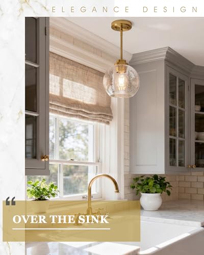 Image of Pendant Lights Kitchen Island, 7 inch Modern Brushed Gold Hanging Lights Fixtures with Clear Seeded Glass Globe Shade, Kitchen Island Lighting for Bathroom, AD-22280-1P-GD-S