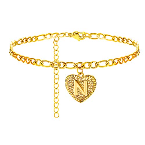 Heart Initial Anklet Gold Ankle Bracelets for Women Letter Anklet with Initials Stainless Steel Cuban Link Anklets Alphabet Initial Ankle Bracelets for Women Summer Foot Jewelry (N)