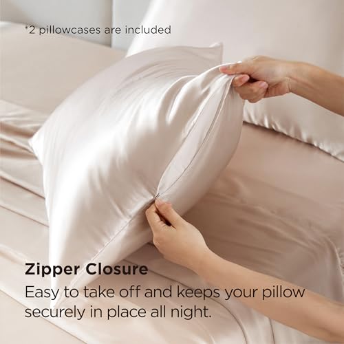 Image of Bedsure Satin Pillowcase with Zipper, Similar to Silk Pillow Cases 2 Pack, Beige Standard Size Satin Pillow Case, Silky & Soft Pillow Covers, Valentines Day Gifts for Women Men, 20x26 Inches