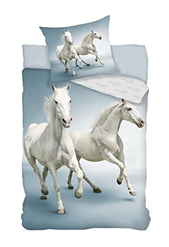 Parure de Lit Chevaux Blancs 100% Coton - Housse de Couette 140x200 cm + Taie d'oreiller 65x65 cm
