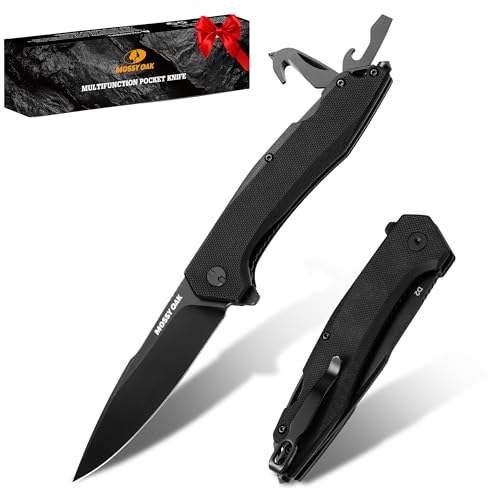 Mossy Oak Folding Pocket Knife with Clip, 3.5" D2 Steel Blade G10 Handle, Small EDC Knife with Glass Breaker, Rope Cutter, Bottle Opener, Screwdrivers for Camping, Survival, Hiking, Outdoor
