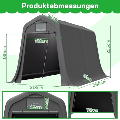 Ball & Cast Fahrradgarage wetterfest Geräteschuppen mit Belüftungsfenster Carport Zelt mit UV-Schutz Fahrradschuppen für Regenschutz Motorrad Garage Gartenhaus Grau, 213×366×225 cm