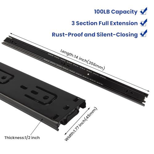 Image of LONTAN 1 Pair Black Side Mount Drawer Slides 14 Inch Heavy Duty Rails