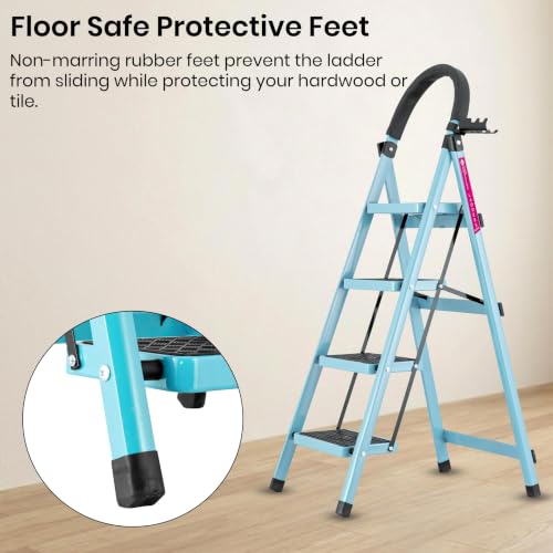 Image of Casa Copenhagen Teal Blue 4 Step Ladder for Home Use with Built-in Tool Tray | Heavy Duty D Shape Rods | Ultra Large Platform| 150Kg Capacity Foldable Ladder - 7 Years Warranty