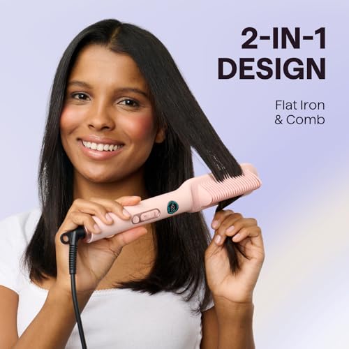Image of Wavytalk Hair Straightener Brush, Sleek Sweep Ionic Straightening Brush, Anti-Scald Ceramic Straightener Comb with LED Display for Super Smooth Hair, Dual Voltage, Pink.