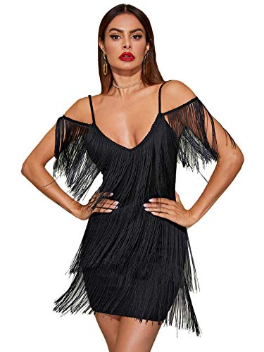 SheIn Women's Deep V Neck Fringe Lace Spaghetti Strap Bodycon Cami Dress Solid Black Large