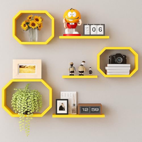 Image of Wall Mounted Floating Shelves Set of 6, Multipurpose Display, Book, Storage & Decor Shelves, Octagon Shape Wooden Wall Shelf for Living Room, Bedroom, Kitchen (Yellow)