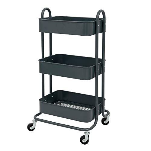 Image of wonline 3-Tier Metal Rolling Storage Cart on Wheels Mobile Organizer with Utility Handle Grey