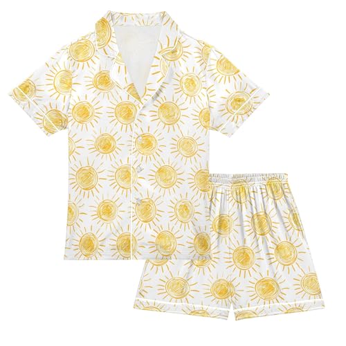 Sun Drawings Pattern Summer Satin Pajama Set, Cute Button-Down Sleepwear Pj Set for Sleep Wears