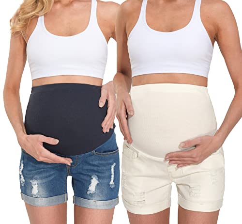 PIQIDIG Damen Schwangerschaftsjeans Shorts Bauchunterstützung Schwangerschaft kurze Hose, Tiefblau + Weiß, X-Klein Cover
