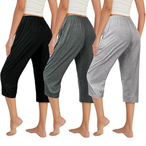 VENTELAN 3 Pack Womens Ultra-Soft Capri Pajama Pants Adjustable Waistband Sleepwear(Available in Plus Size) XXL