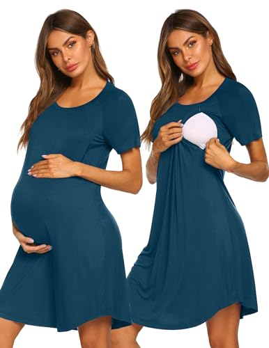 Image of Ekouaer Nursing Nightgown Short Sleeve Nursing Gown 3 In 1 Maternity Nightgown Breasfeeding Sleepwear Delivery Dress