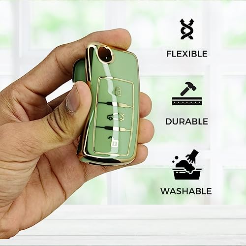 Image of KEYCEPT TPU Key Cover Compatible for Skoda Octavia, Laura, Superb, Fabia, Rapid, Polo, Vento, Jetta, Ameo, Passat 3 Button Remote flip Key (Type 1, Green).