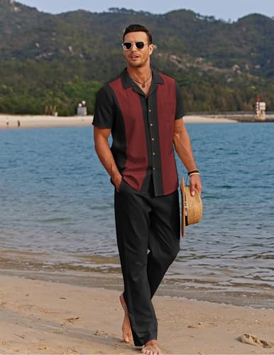 Image of COOFANDY Men 2 Piece Linen Outfit Beach Button Down Shirt Casual Loose Pant Sets