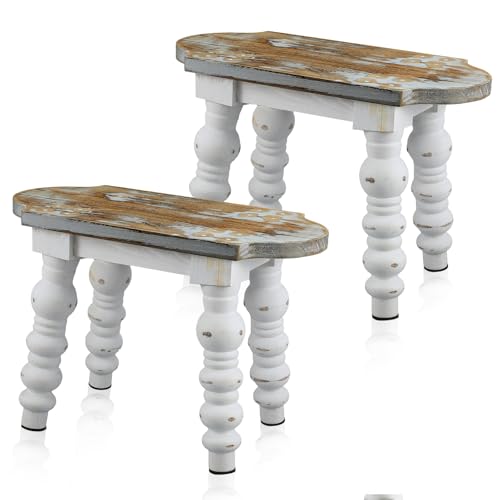 Reallnaive 2 Pack Wooden Bathroom Foot Stool Vintage Farmhouse Style Decorative Wooden Stool Stand Small Plant Stools for Adults Kitchen Bedroom Nightstand or Living Room Accent Table