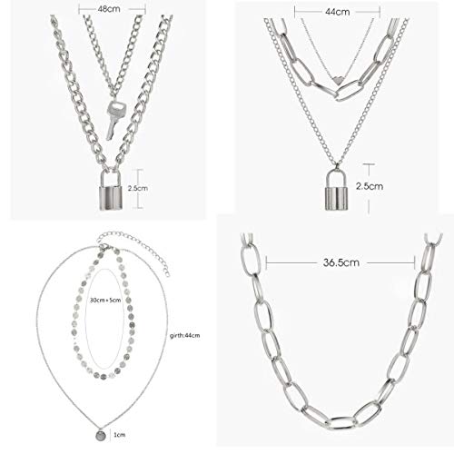 FUTIMELY 4PCS Layered Lock Chain Necklaces Set for Women Teen Girls，14K Gold/Silver Plated Bar Disc Coin Lock Pendant Multilayer Adjustable Punk Chain Choker Y Necklace2